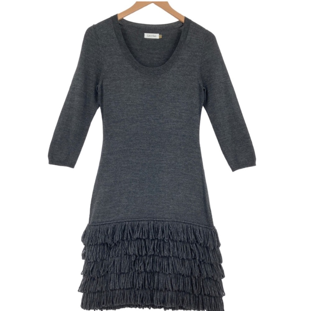 Calvin Klein Sweater Dress Large Womens Small Gray Knit Wool Blend Ruffle